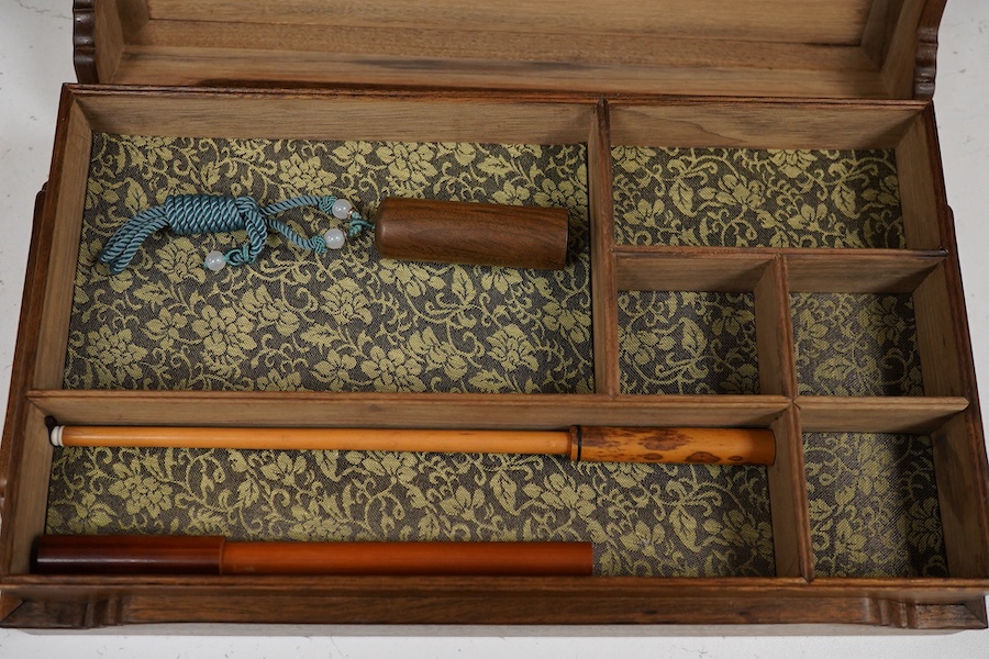 A Chinese three sectioned incense case, a two door fitted cabinet- 29cm high and a sliding topped box